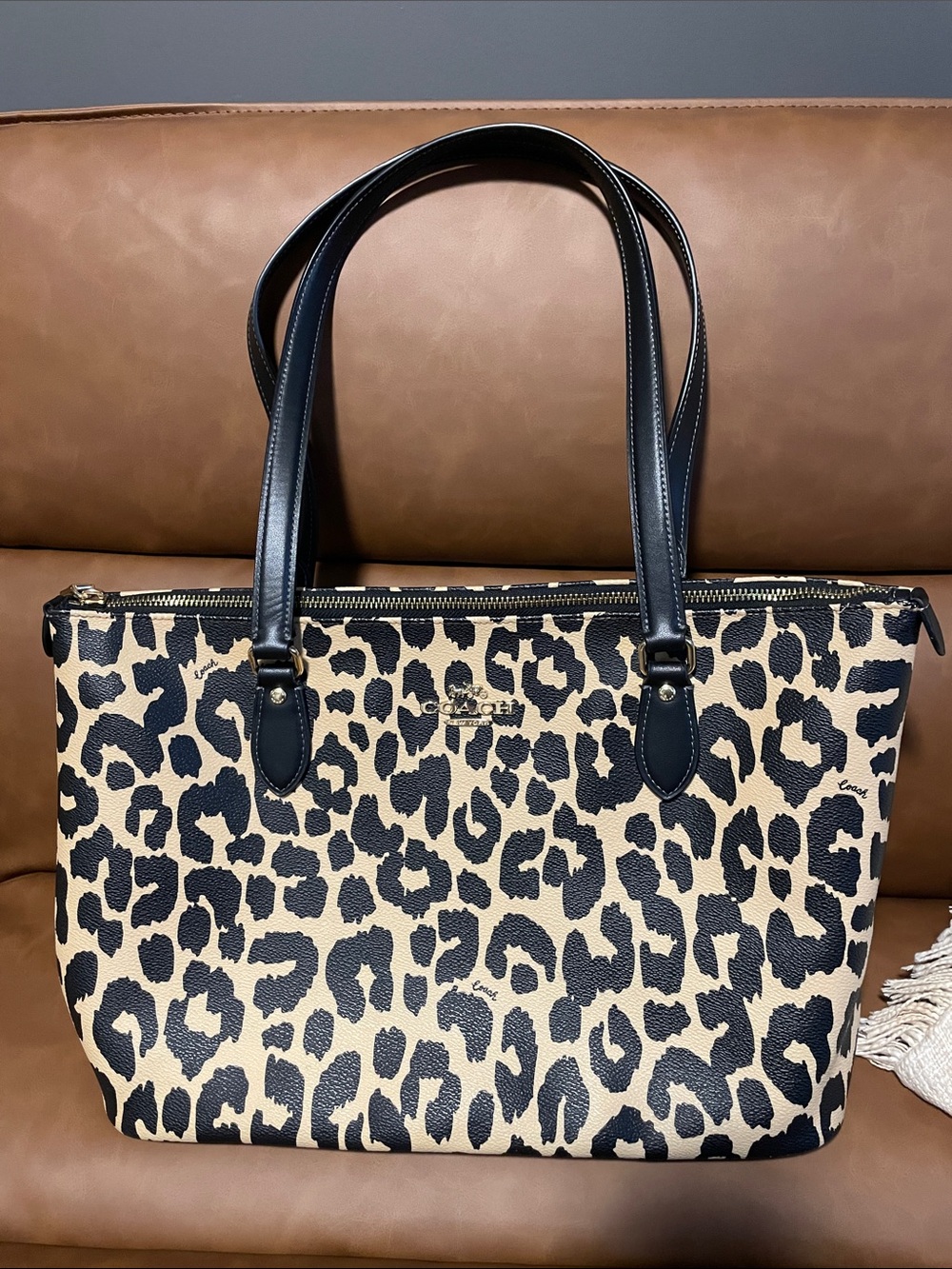 Coach Leopard-Print Tote in Black and Cream with Black Leather Handles